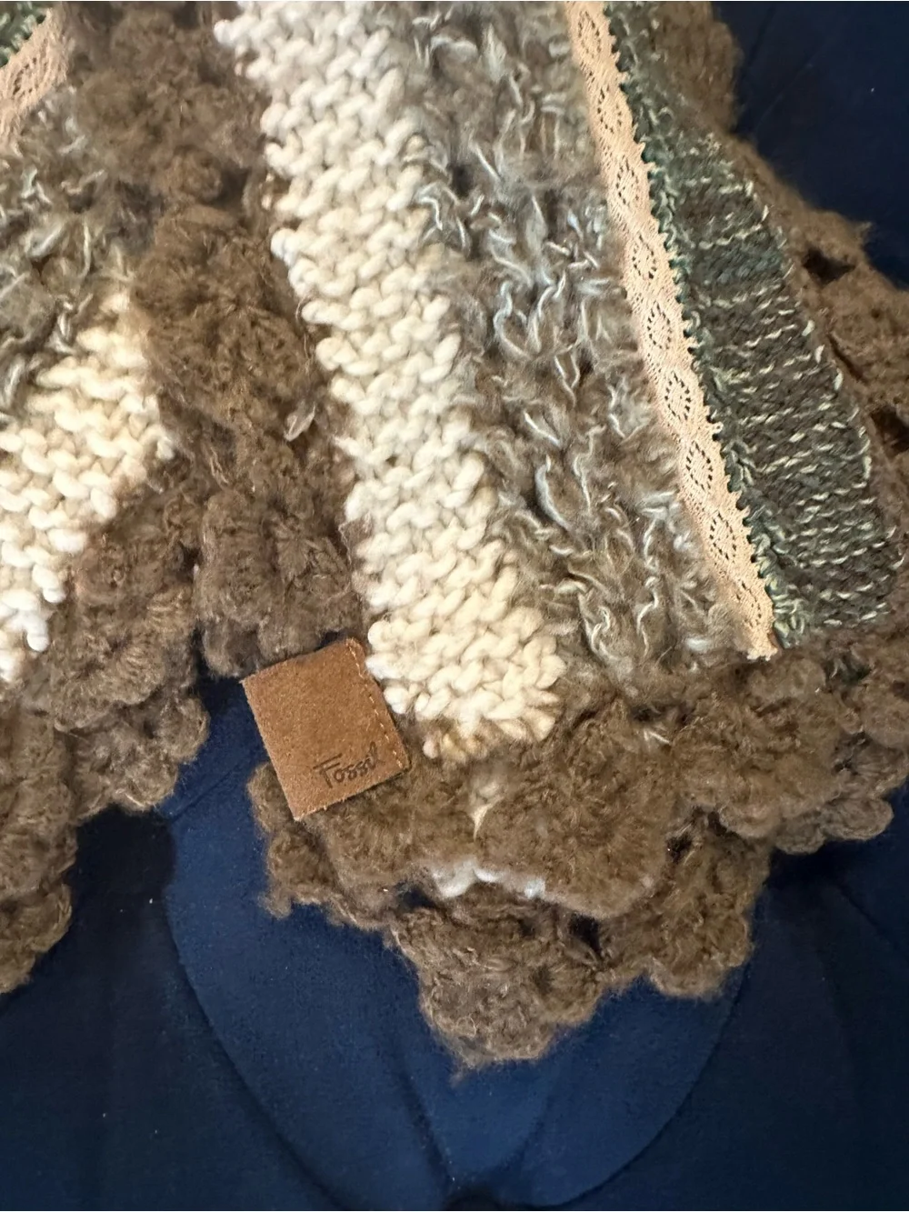 Fossil Vintage Scarf Textured Knit Scarf in Cream, Brown & Teal